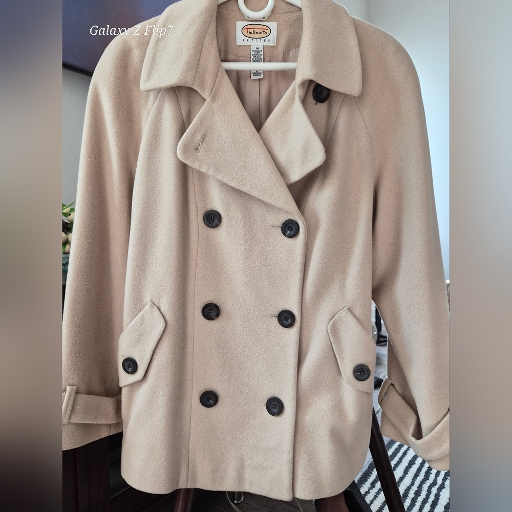 Talbots Petites 100% Wool Double Breasted Pea Coat Beige Tan Size 14P - Picture 1 of 10